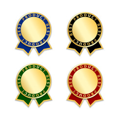 Ribbons award best product of year set. Gold ribbon award icons isolated on white background. Best product golden label for prize, badge, medal, guarantee quality product Vector illustration