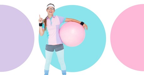 Fitness trainer woman with minimal shapes holding exercise ball