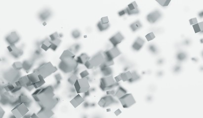 3D Rendering Of Abstract Chaotic Flying Cubes With Soft Focus Background