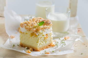 Homemade cheesecake made of peach and crumble