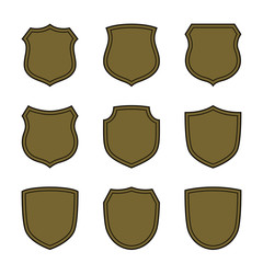 Shield shape bronze icons set. Simple flat logo on white background. Symbol of security, protection, safety. Element badge for protect design emblem decoration. Vector illustration