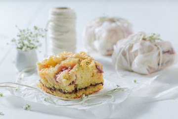 Homemade yogurt pie with crumble and fresh fruits