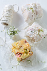 Rustic yogurt pie packed in a white paper