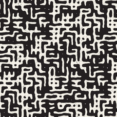 Vector Seamless Black And White Rounded Irregular Maze Pattern. Abstract Hand Drawn Background