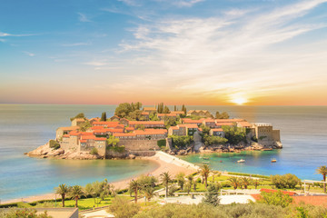 Beautiful view of the island-resort of St. Stefan (Sveti Stefan) on the Budva Riviera, Budva, Montenegro on a sunny day