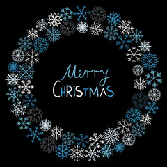 Christmas vector greeting card with circle snowflake design in blue and white on black background