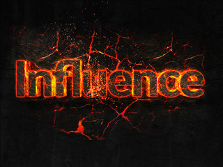 Influence Fire text flame burning hot lava explosion background.