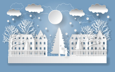 Merry Christmas and Happy New Year 2021. Illustration  on the sky coming to City. Paper art and craft style