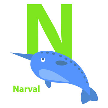 Lime Green Letter N Narval on Kid Education Card