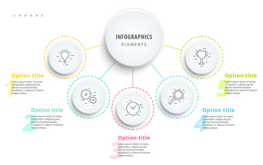 Business process chart infographics with 5 step segments. Circular corporate timeline infograph elements. Company presentation slide template. Modern vector info graphic layout design.