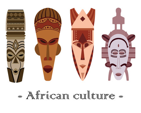 Set of four color traditional African masks on a white background.
