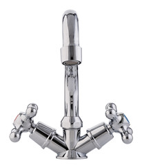 Mixer cold hot water. Modern faucet  bathroom.  Kitchen tap  . Isolated  white background. Front view.