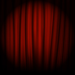 Red velvet curtain with stage. Spotlight on stage curtain. Vector illustration.