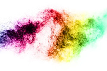 abstract powder splatted on white background,Freeze motion of color powder exploding/throwing color powder, multicolored glitter texture.