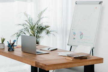 workplace with laptop and office supplies in office with white board
