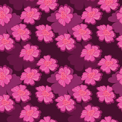 Fototapeta premium Seamless Pattern. Pink flowers on a claret background