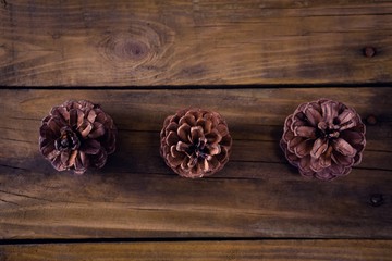 Pine cones on wooden plank