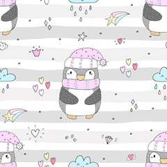Fototapeta premium Seamless pattern with cute penguins. Hand-drawn illustration. Vector.