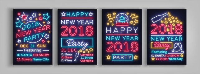 Happy New Year 2018 Set Poster Vector Illustration. Neon signs. Collection brochure design in a neon style style invitation invitation for the New Year party. Postcard, flyer, card, party promotion