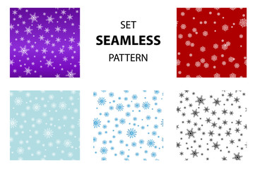 Big set Seamless snow pattern. Simple vector snowflakes on on different colored backgrounds, blue, red, purple, white. Winter illustration snow.