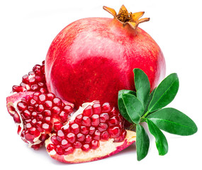 Ripe pomegranate fruits on the white background.
