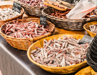 Fototapeta premium Variety of dry cured sausage products and meat.