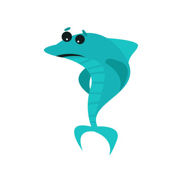 Cute friendly shark cartoon character, funny blue fish vector Illustration