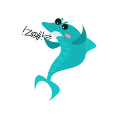 Cute swearing shark cartoon character, funny blue fish vector Illustration