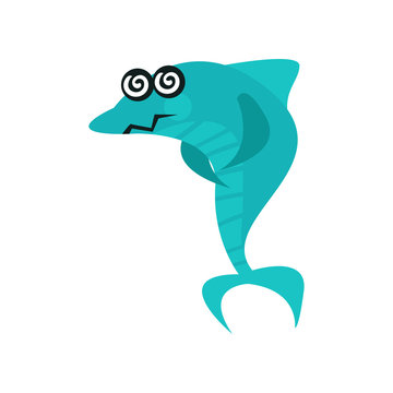 Cute dizzy shark cartoon character with rotating eyes, funny blue fish vector Illustration