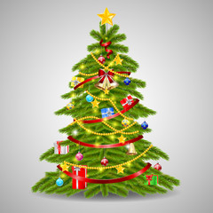 Christmas tree is decorated with colorful balls, a garland lights and a golden star. Vector illustration.