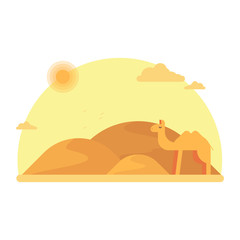 A camel stands in the background of the dunes. Around camel the hot sandy desert. Flat vector illustration