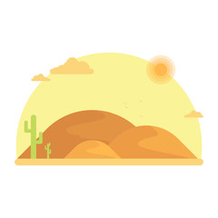 Cacti grow among the dunes. Hot desert under the bright sun. Flat design illustration