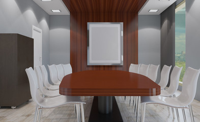 Conference room with wooden table. 3D rendering.. Empty picture