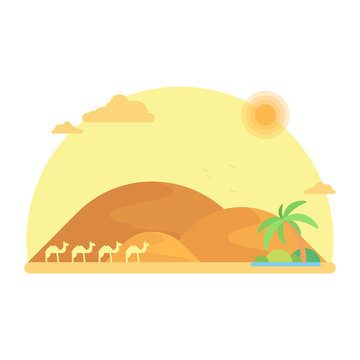 A caravan of camels goes to an oasis among the dunes. Flat design illustration