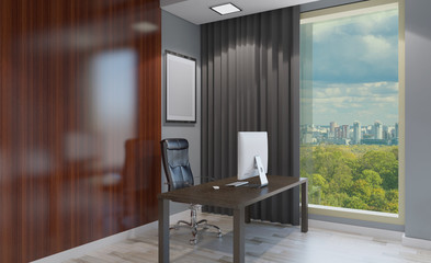 Front view of an office interior with a row of dark wood tables. 3D rendering.. Empty picture