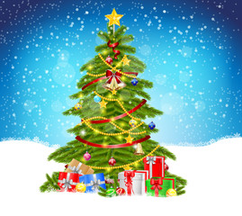 Decorated christmas tree with present boxes in a winter landscape with snow. Vector illustration.