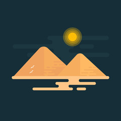 Two great pyramids of giza under the sun on black background. Flat vector design