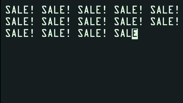 many sale words spam text typing writing on old computer lcd led tube tv screen display background blinking animation New quality universal vintage motion dynamic animated retro colorful joyful video