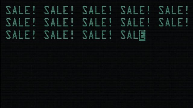 many sale words spam text typing writing on old computer lcd led tube tv screen display background blinking animation New quality universal vintage motion dynamic animated retro colorful joyful video