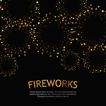 Festive gold fireworks background. Abstract vector illustration