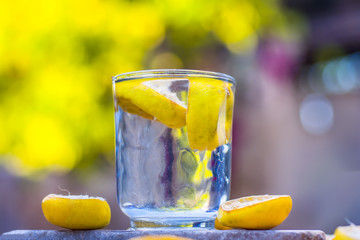 Lemon water/lemonade with slices of lemons/Citrus × limon.