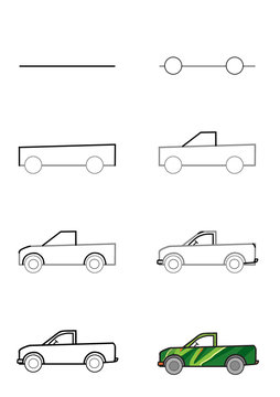 Illustration .. Poster. Step-by-step drawing. A car. Pickup. Instructions how to draw a machine.