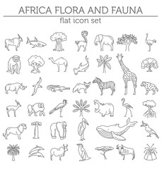 Flat African flora and fauna  elements. Animals, birds and sea life simple line icon set