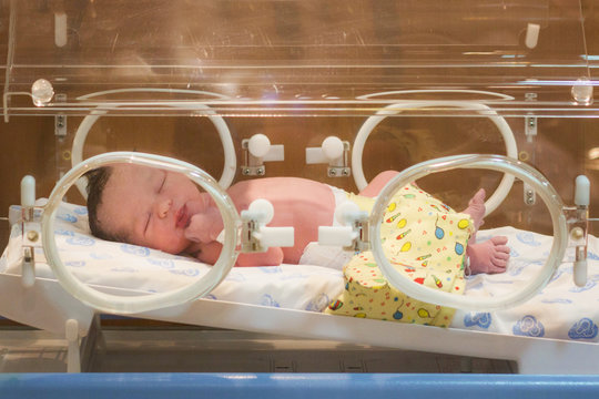 Newborn baby girl in a hospital incubator