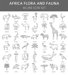 Flat African flora and fauna  elements. Animals, birds and sea life simple line icon set