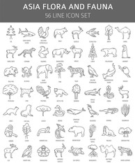 Flat Asian flora and fauna  elements. Animals, birds and sea life simple line icon set © a7880ss