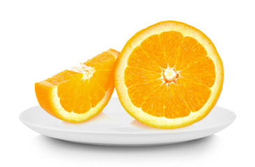 Orange slice in white plate on white background