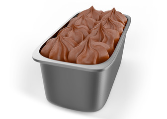 Chocolate ice cream cuvette, brown ice-cream in metal and plastic box