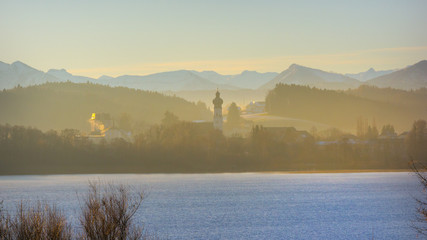 Sunrise at Lake Obertrum in winter