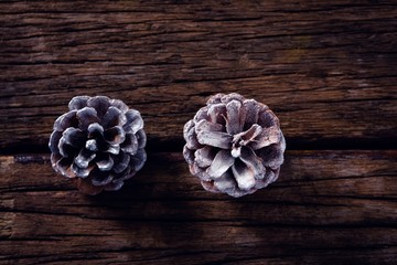 Pine cone on wooden plank